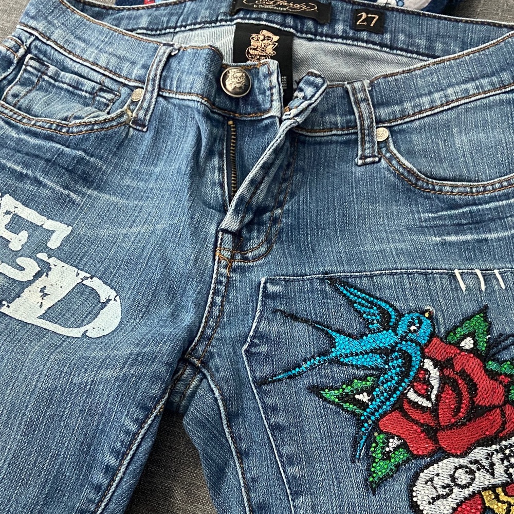 Christian Audigier Embroidered Blue Skinny Jeans with Rose & Swallow Patch size